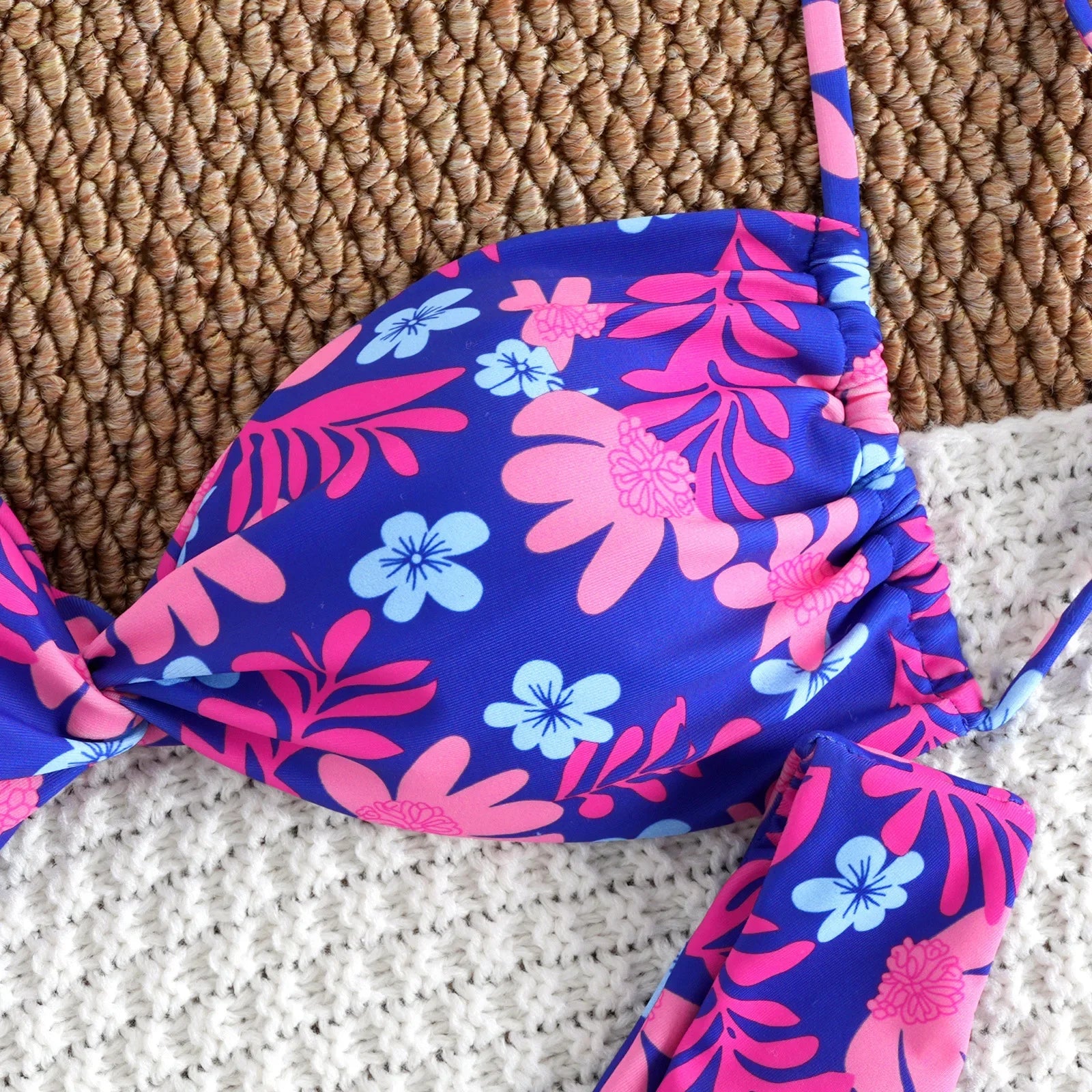 Purple Floral Print Micro Bikini Cross Pleate Push Up Thong Swimsuit Beach Bathing Suit Biquini
