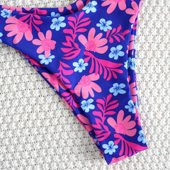 Purple Floral Print Micro Bikini Cross Pleate Push Up Thong Swimsuit Beach Bathing Suit Biquini