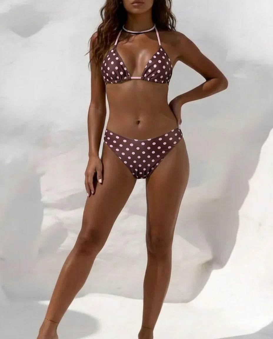 Purple Polka Dot Print Bikini Set