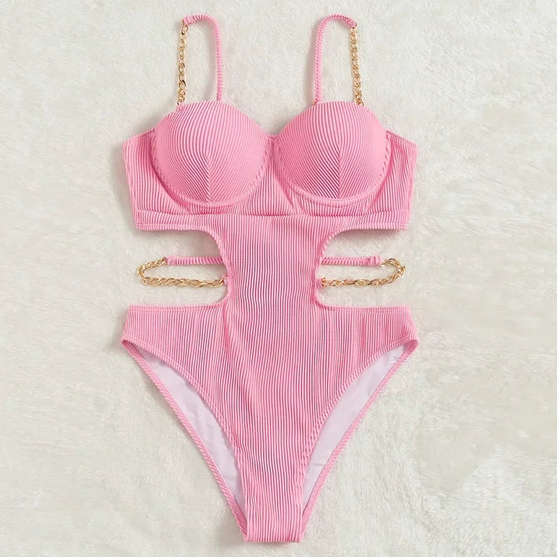 Push Up Underwire One Piece Swimsuit Solid Pink Metal Chain Hollow Out Ribbed Bathing Suit Backless Swimwear Monokini