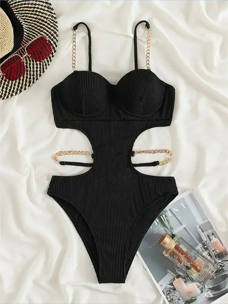 Push Up Underwire One Piece Swimsuit Solid Pink Metal Chain Hollow Out Ribbed Bathing Suit Backless Swimwear Monokini