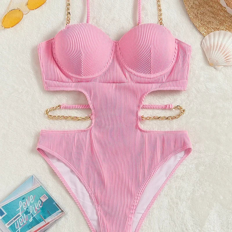 Push Up Underwire One Piece Swimsuit Solid Pink Metal Chain Hollow Out Ribbed Bathing Suit Backless Swimwear Monokini