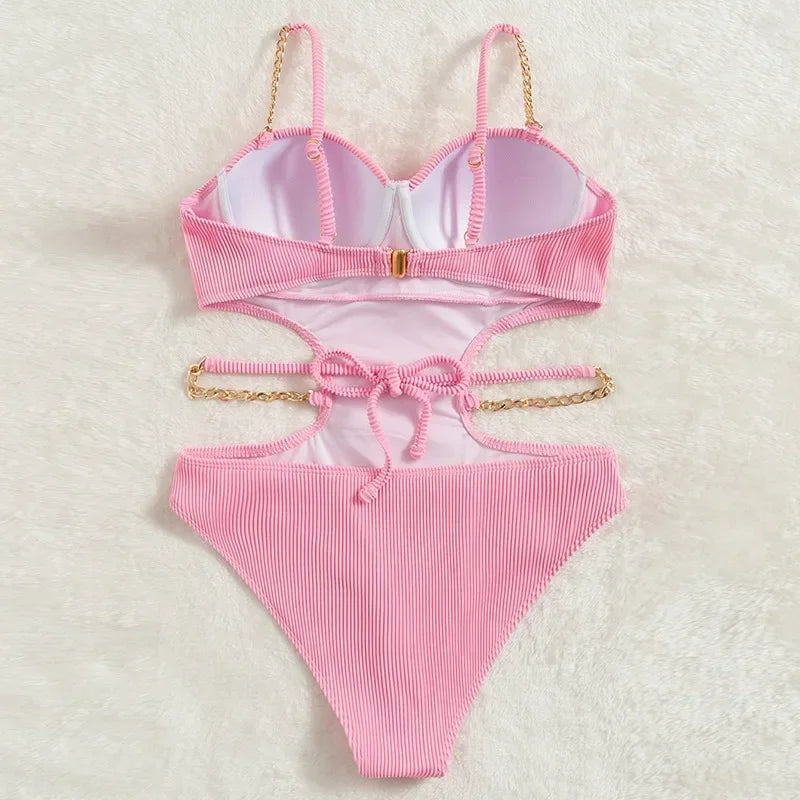 Push Up Underwire One Piece Swimsuit Solid Pink Metal Chain Hollow Out Ribbed Bathing Suit Backless Swimwear Monokini