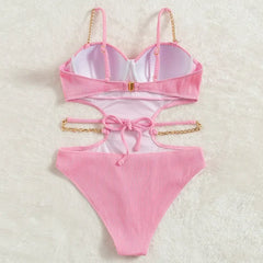 Push Up Underwire One Piece Swimsuit Solid Pink Metal Chain Hollow Out Ribbed Bathing Suit Backless Swimwear Monokini