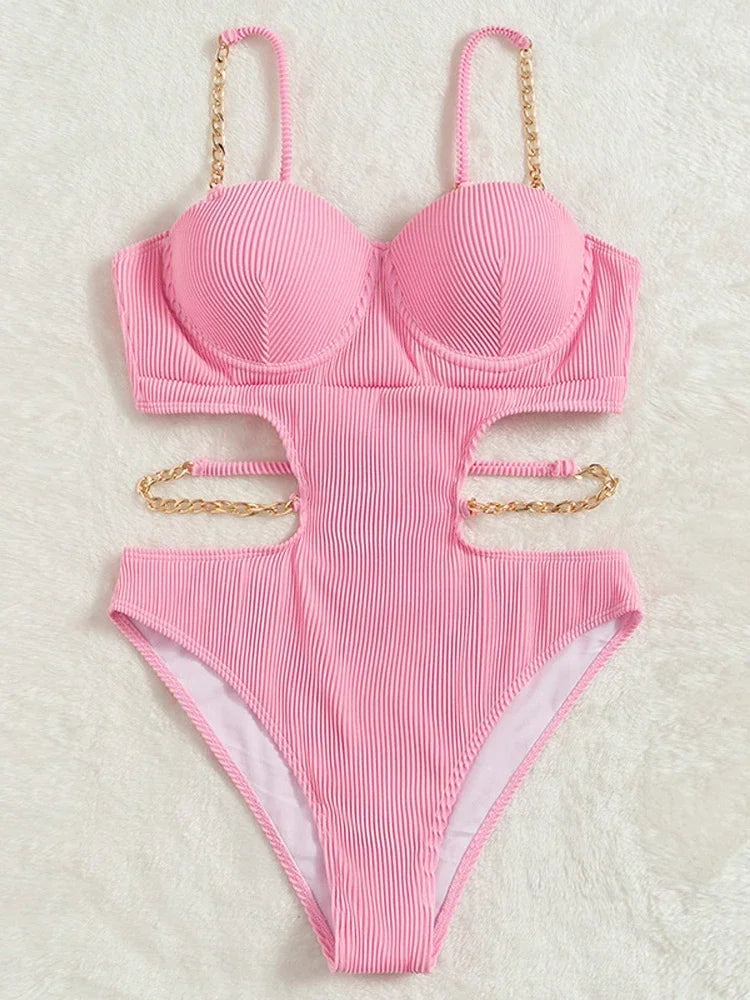 Push Up Underwire One Piece Swimsuit Solid Pink Metal Chain Hollow Out Ribbed Bathing Suit Backless Swimwear Monokini