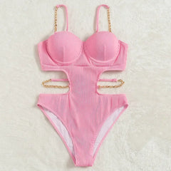 Push Up Underwire One Piece Swimsuit Solid Pink Metal Chain Hollow Out Ribbed Bathing Suit Backless Swimwear Monokini