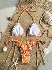 Red Floral Print Micro Bikini Halter Ruffles Push Up Bra Tie Side Thong Swimsuit Bathing Suit Swimwear