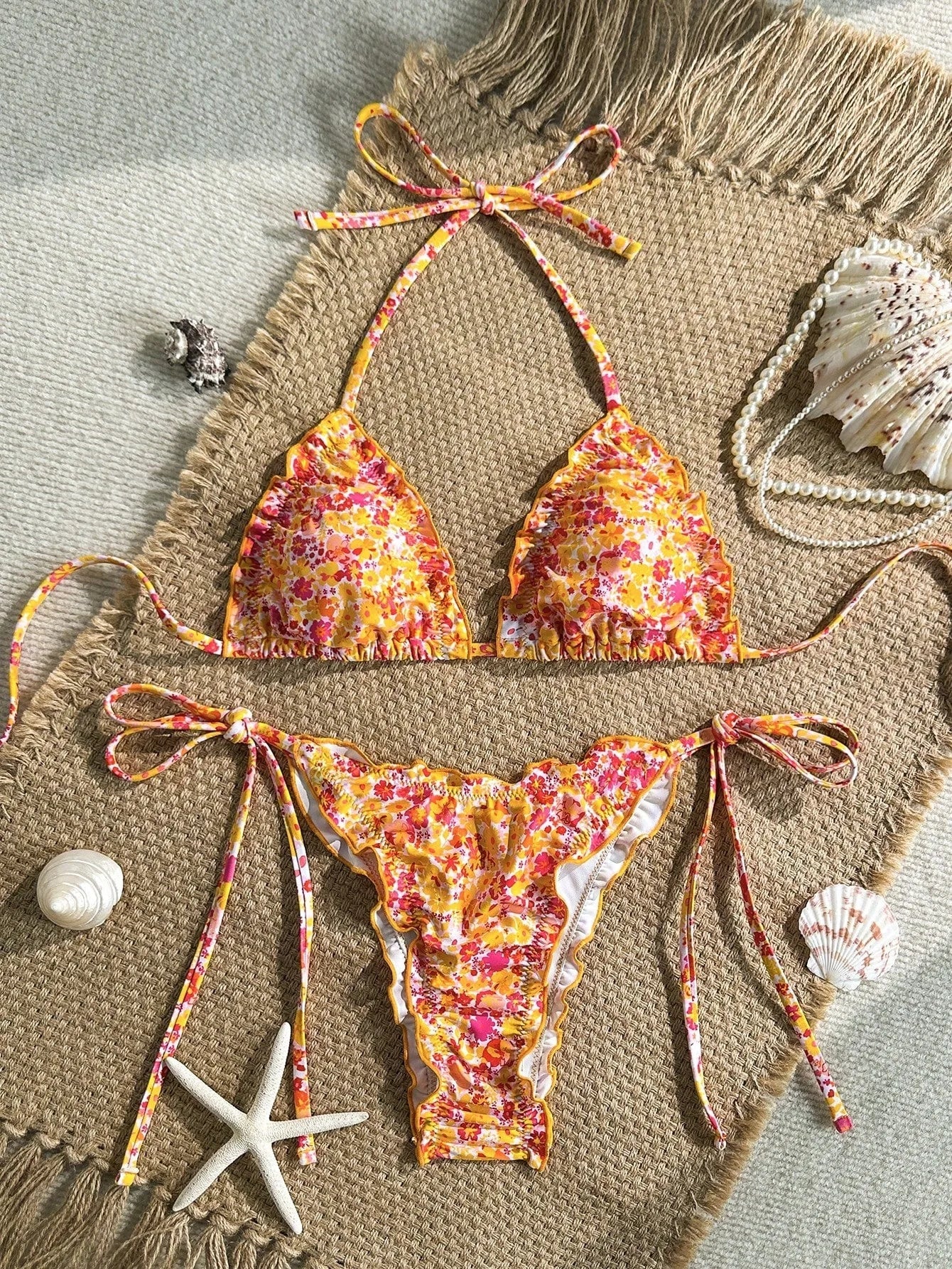 Red Floral Print Micro Bikini Halter Ruffles Push Up Bra Tie Side Thong Swimsuit Bathing Suit Swimwear