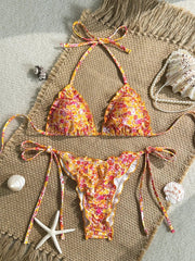 Red Floral Print Micro Bikini Halter Ruffles Push Up Bra Tie Side Thong Swimsuit Bathing Suit Swimwear
