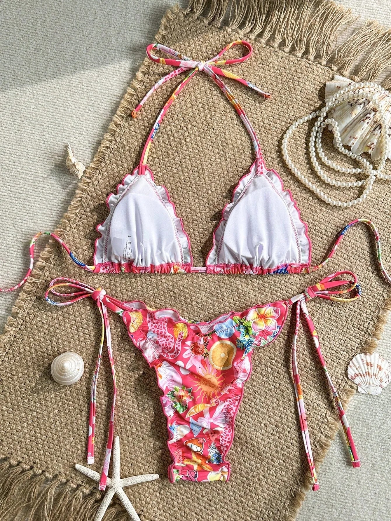 Red Floral Print Micro Bikini Halter Ruffles Push Up Bra Tie Side Thong Swimsuit Bathing Suit Swimwear