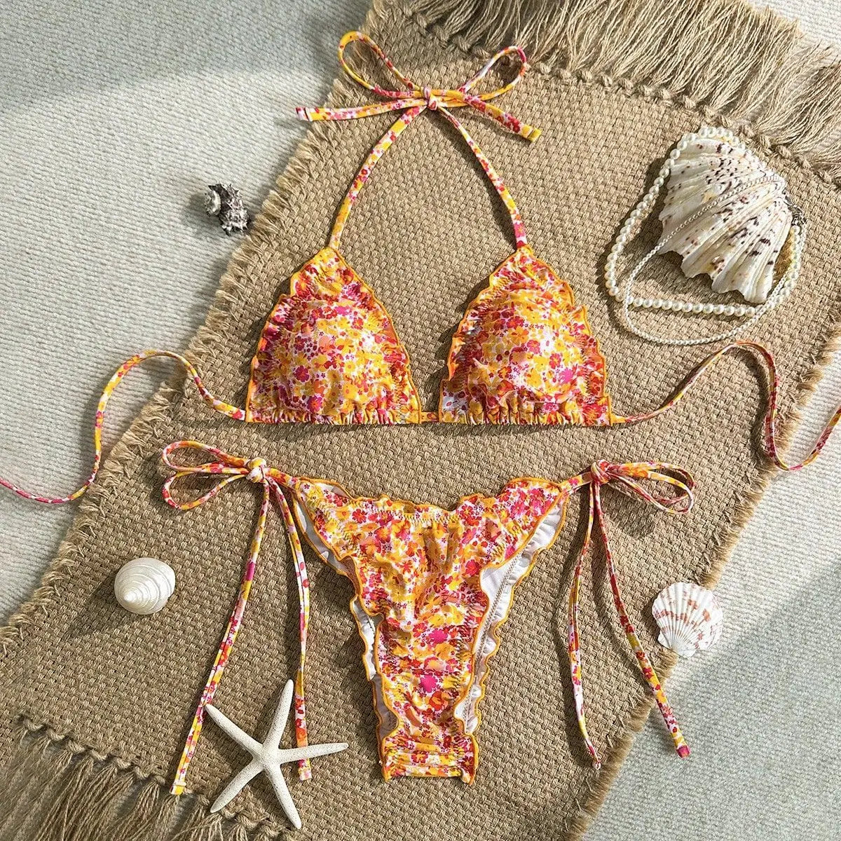 Red Floral Print Micro Bikini Halter Ruffles Push Up Bra Tie Side Thong Swimsuit Bathing Suit Swimwear