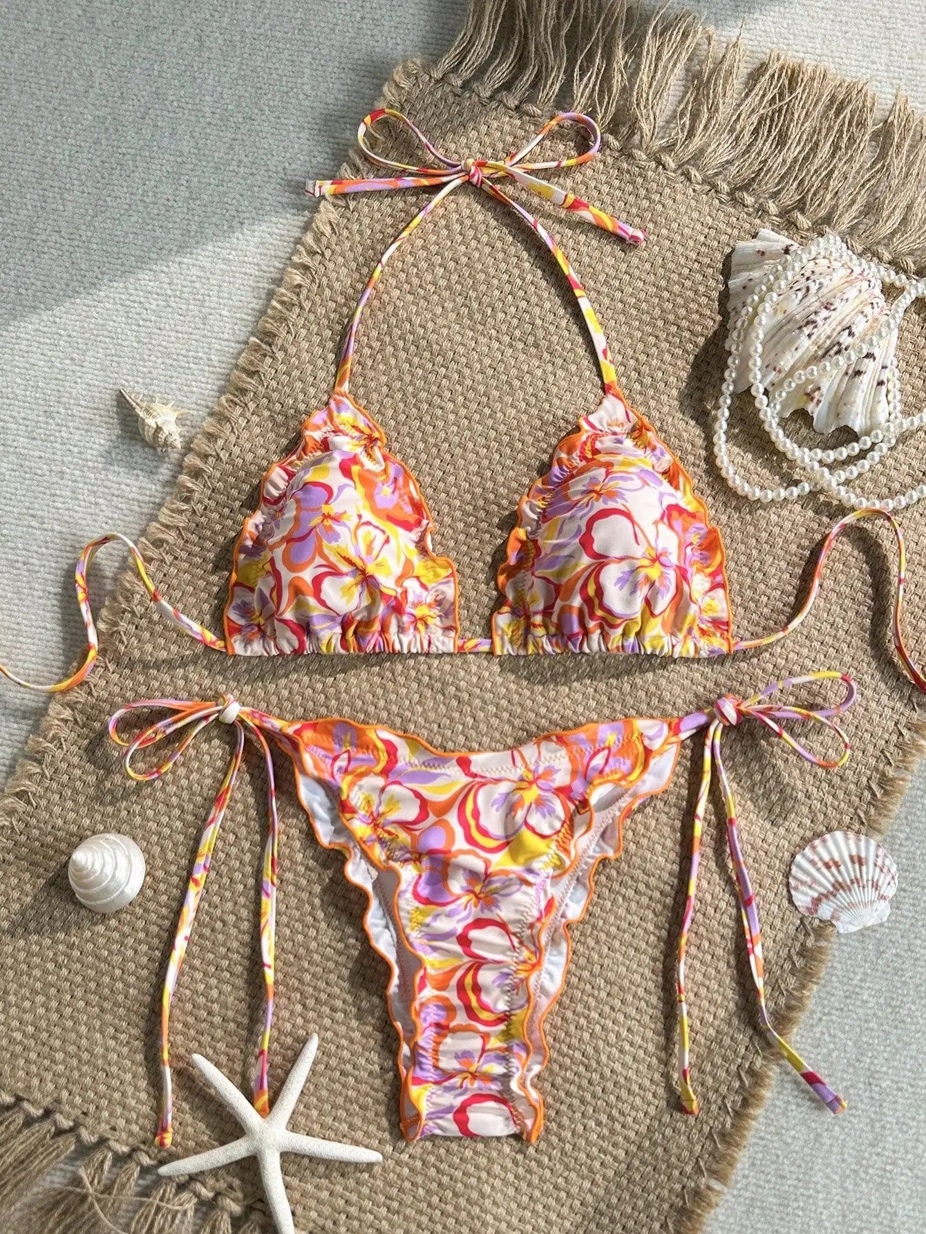 Red Floral Print Micro Bikini Halter Ruffles Push Up Bra Tie Side Thong Swimsuit Bathing Suit Swimwear