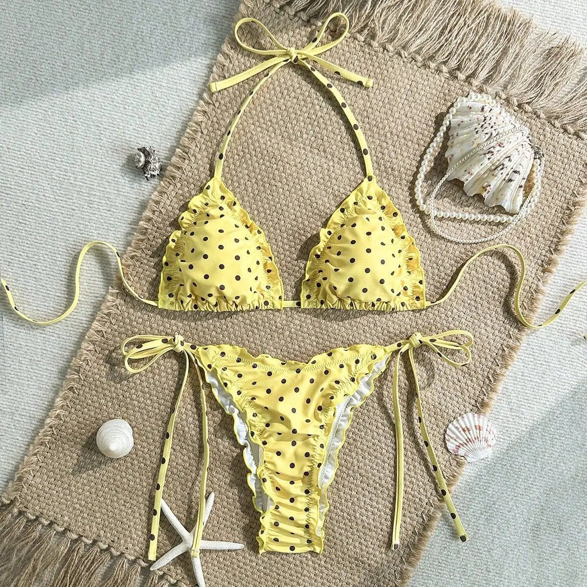 Red Floral Print Micro Bikini Halter Ruffles Push Up Bra Tie Side Thong Swimsuit Bathing Suit Swimwear