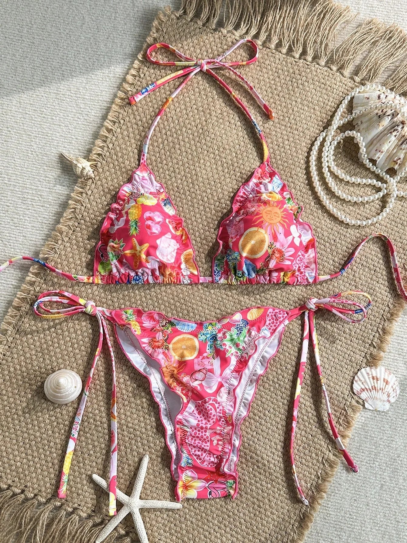 Red Floral Print Micro Bikini Halter Ruffles Push Up Bra Tie Side Thong Swimsuit Bathing Suit Swimwear