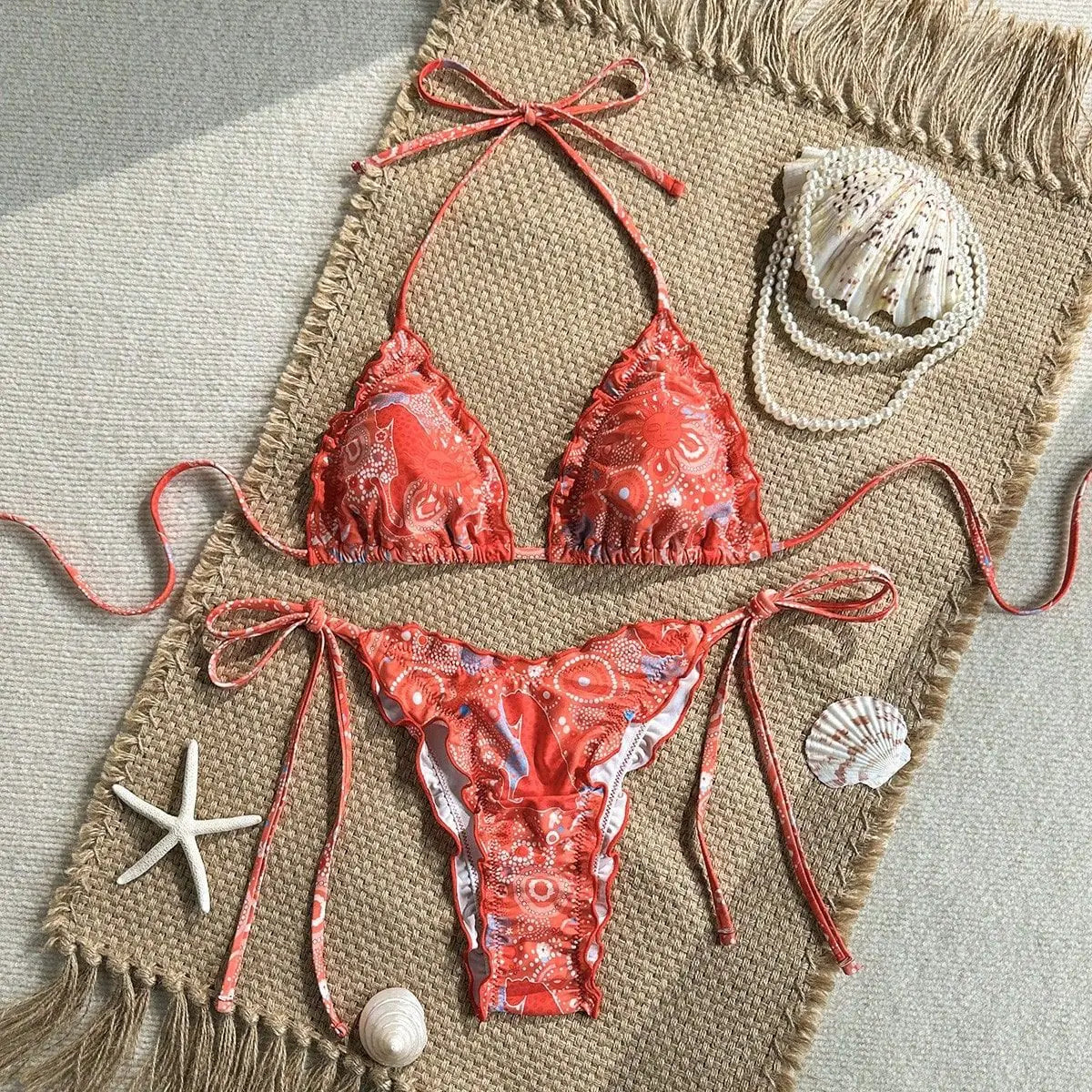 Red Floral Print Micro Bikini Halter Ruffles Push Up Bra Tie Side Thong Swimsuit Bathing Suit Swimwear