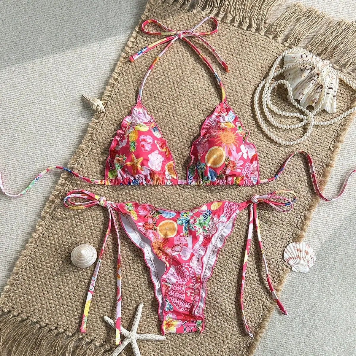 Red Floral Print Micro Bikini Halter Ruffles Push Up Bra Tie Side Thong Swimsuit Bathing Suit Swimwear