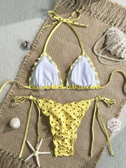 Red Floral Print Micro Bikini Halter Ruffles Push Up Bra Tie Side Thong Swimsuit Bathing Suit Swimwear