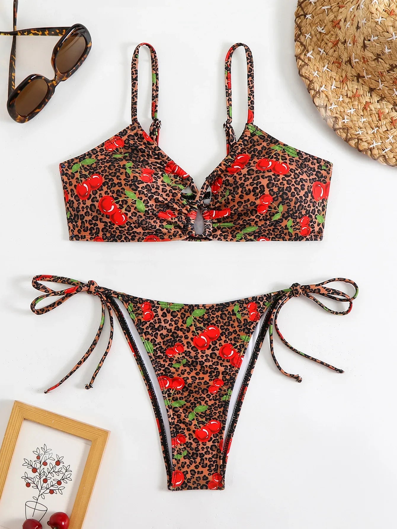 Red Leopard Cherry Print Bikini Set