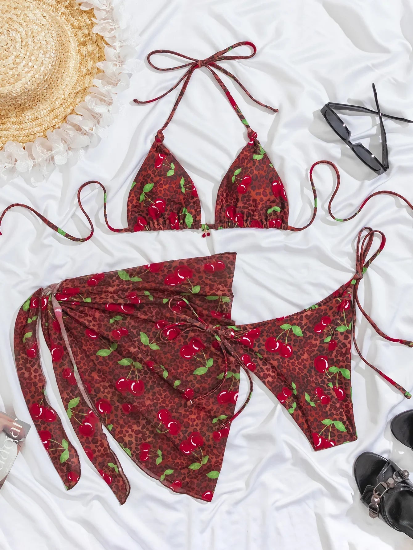 Red Leopard Cherry Print Cover Up 3 Piece Bikinis Sets