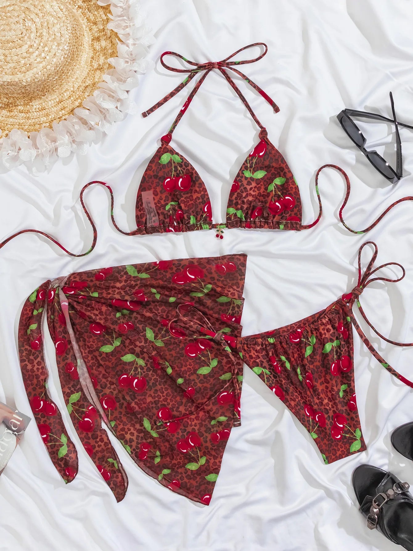 Red Leopard Cherry Print Cover Up 3 Piece Bikinis Sets