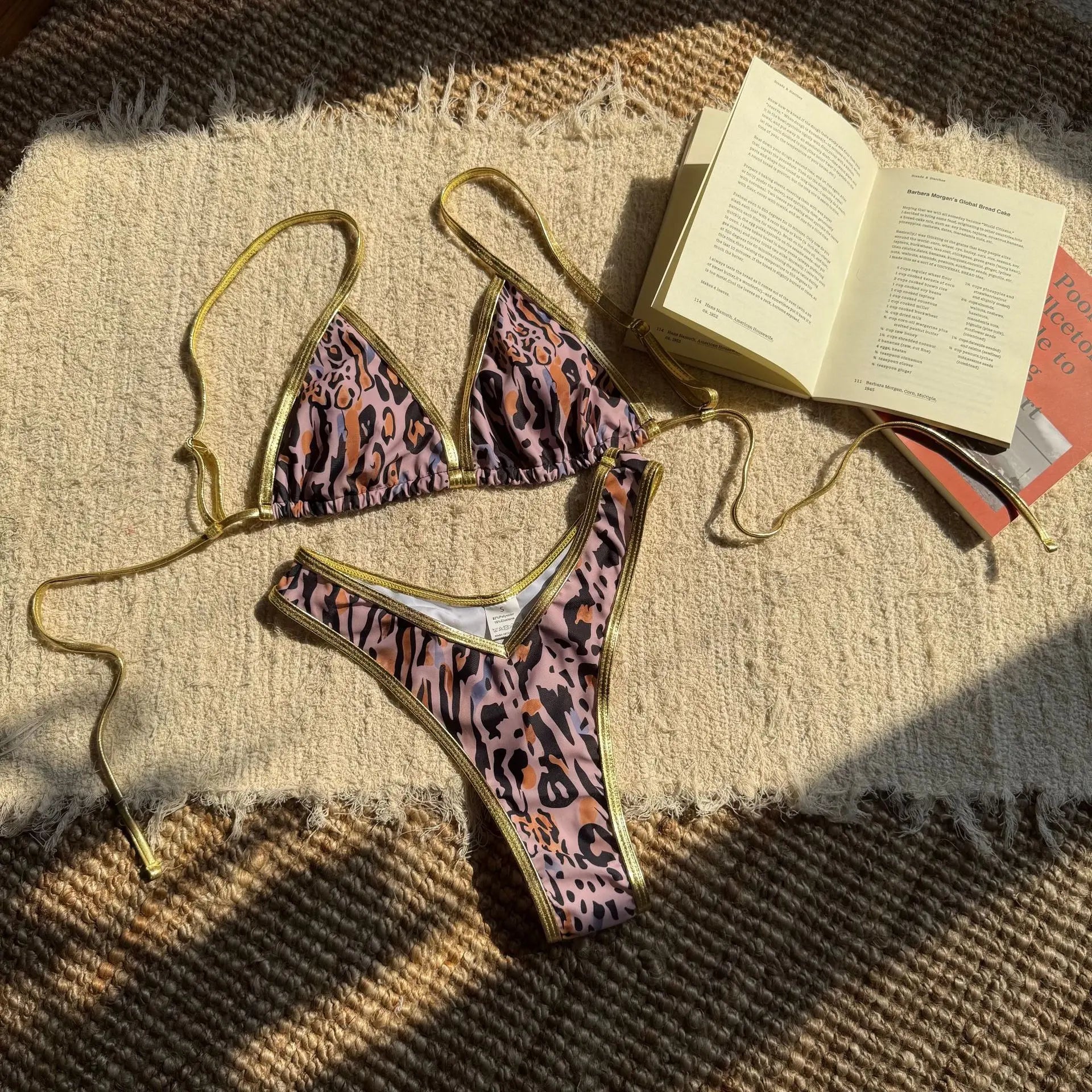 Red Leopard Print Patchwork Bikini Halter Pleate Push Up Thong Swimsuit Beach Bathing Suit Two Piece Swimwear