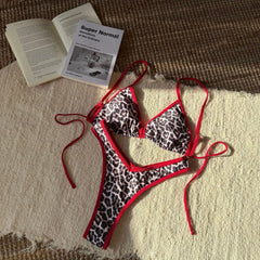 Red Leopard Print Patchwork Bikini Halter Pleate Push Up Thong Swimsuit Beach Bathing Suit Two Piece Swimwear
