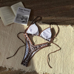 Red Leopard Print Patchwork Bikini Halter Pleate Push Up Thong Swimsuit Beach Bathing Suit Two Piece Swimwear