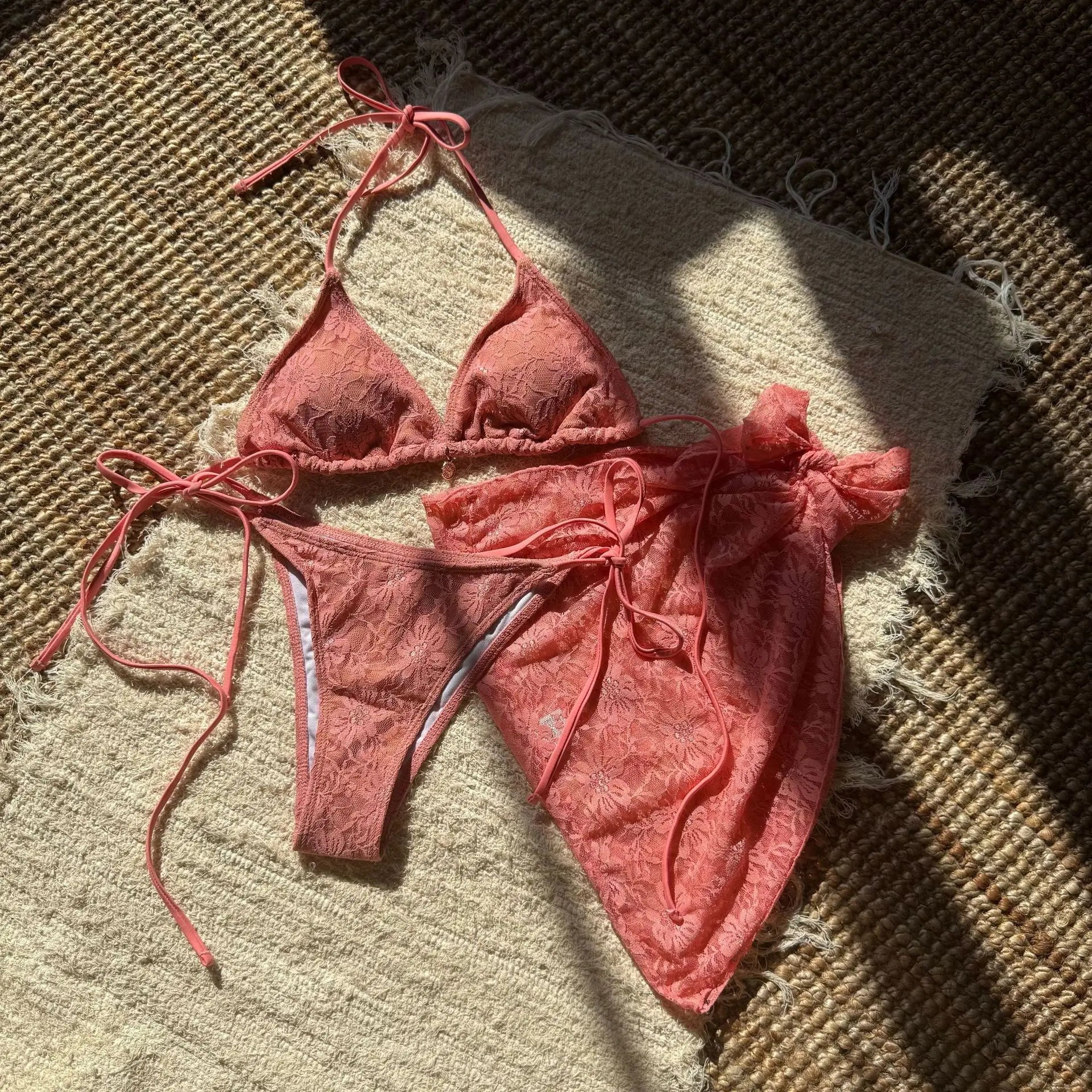Red Mesh Skirt 3 Piece Bikinis Sets