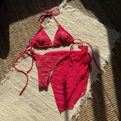 Red Mesh Skirt 3 Piece Bikinis Sets