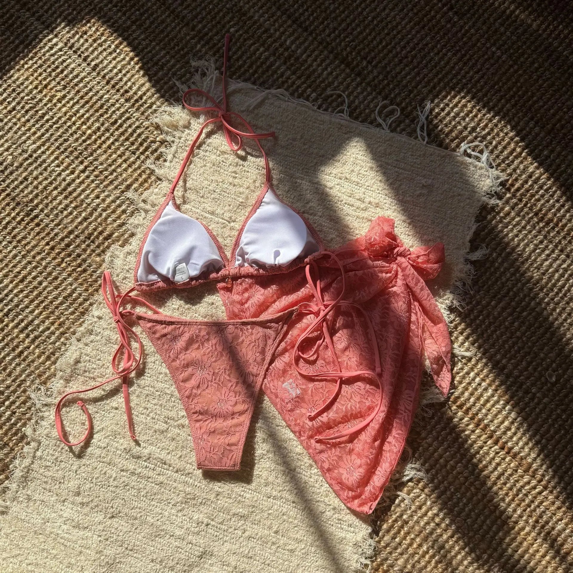 Red Mesh Skirt 3 Piece Bikinis Sets