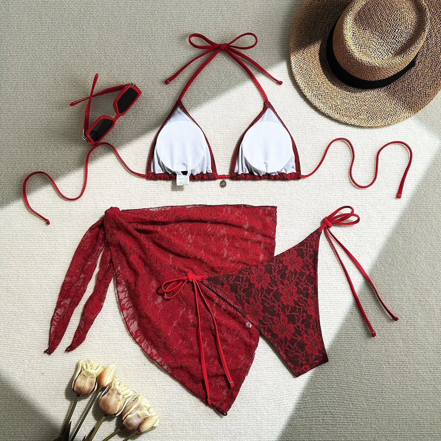Red Mesh Skirt 3 Piece Bikinis Sets