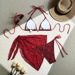 Red Mesh Skirt 3 Piece Bikinis Sets