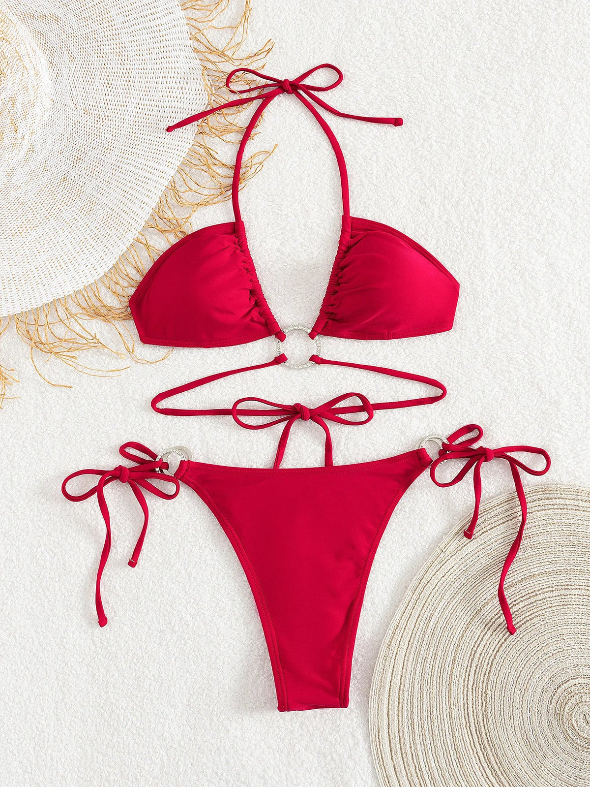 Red Mini Bikini Metal Circle Pleate Bandage Cross Push Up Bra Thong Swimwear Beach Holiday Bathing Suit Swimsuit