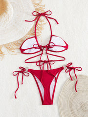 Red Mini Bikini Metal Circle Pleate Bandage Cross Push Up Bra Thong Swimwear Beach Holiday Bathing Suit Swimsuit