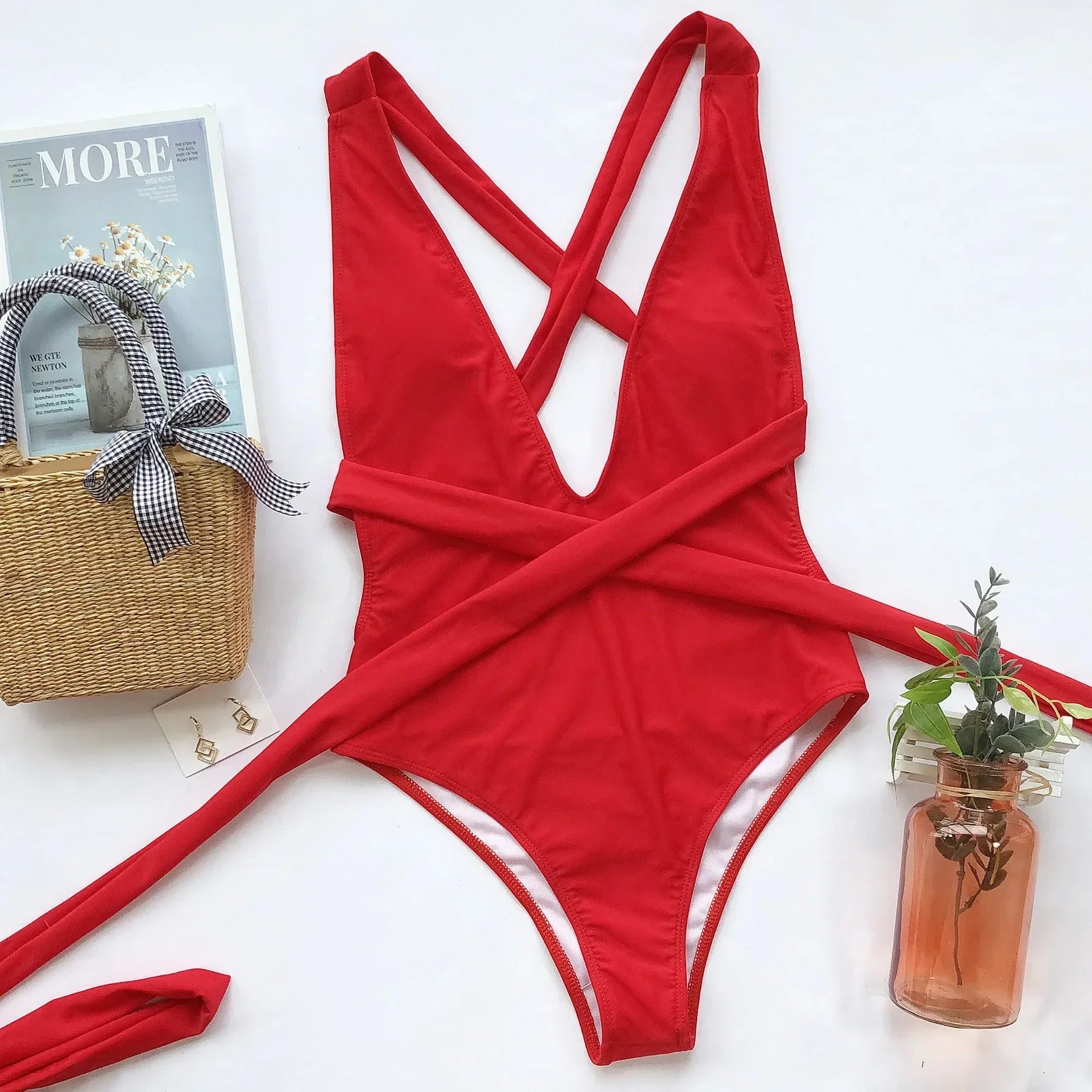Red One Piece Swimsuit Push Up Lace Up Bandage Bodysuit Brazilian Deep V Neck Backless Bathing Suit Swimwear