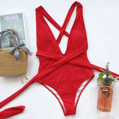 Red One Piece Swimsuit Push Up Lace Up Bandage Bodysuit Brazilian Deep V Neck Backless Bathing Suit Swimwear