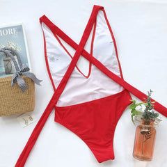 Red One Piece Swimsuit Push Up Lace Up Bandage Bodysuit Brazilian Deep V Neck Backless Bathing Suit Swimwear