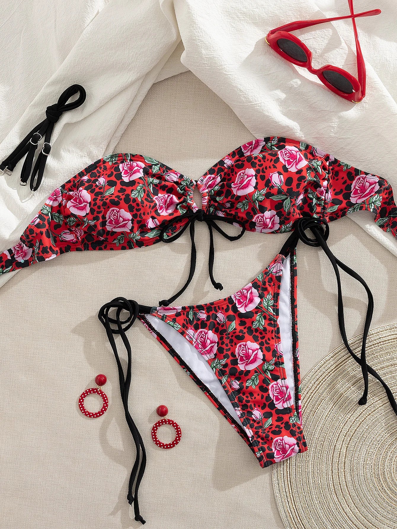 Red Rose Flower Print Bikini Drawstring Bandage Bandeau Push Up Micro Swimsuit Beach Bathing Suit Thong Swimwear