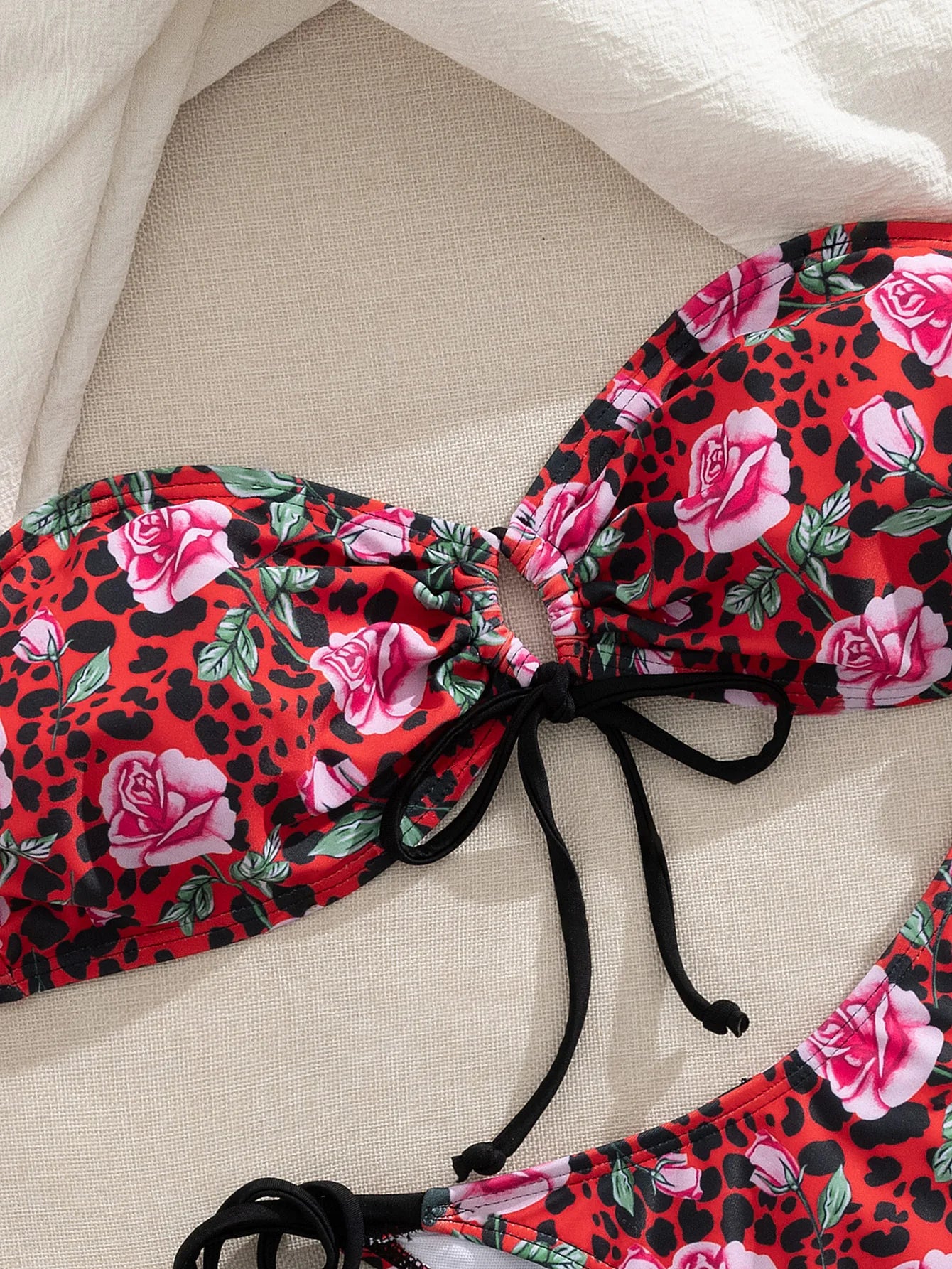 Red Rose Flower Print Bikini Drawstring Bandage Bandeau Push Up Micro Swimsuit Beach Bathing Suit Thong Swimwear