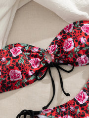 Red Rose Flower Print Bikini Drawstring Bandage Bandeau Push Up Micro Swimsuit Beach Bathing Suit Thong Swimwear