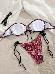 Red Rose Flower Print Bikini Drawstring Bandage Bandeau Push Up Micro Swimsuit Beach Bathing Suit Thong Swimwear