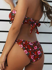 Red Rose Flower Print Bikini Drawstring Bandage Bandeau Push Up Micro Swimsuit Beach Bathing Suit Thong Swimwear