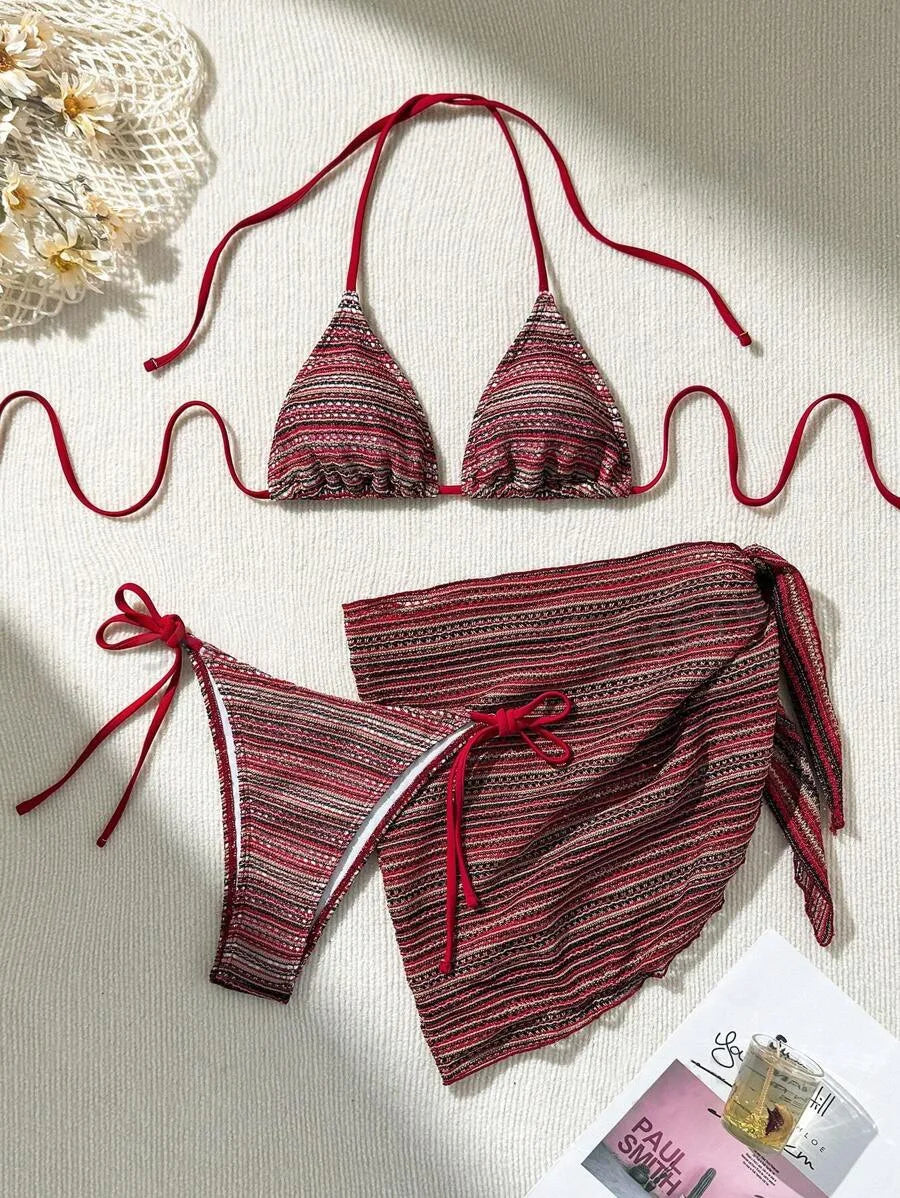 Red Striped Bikini Set