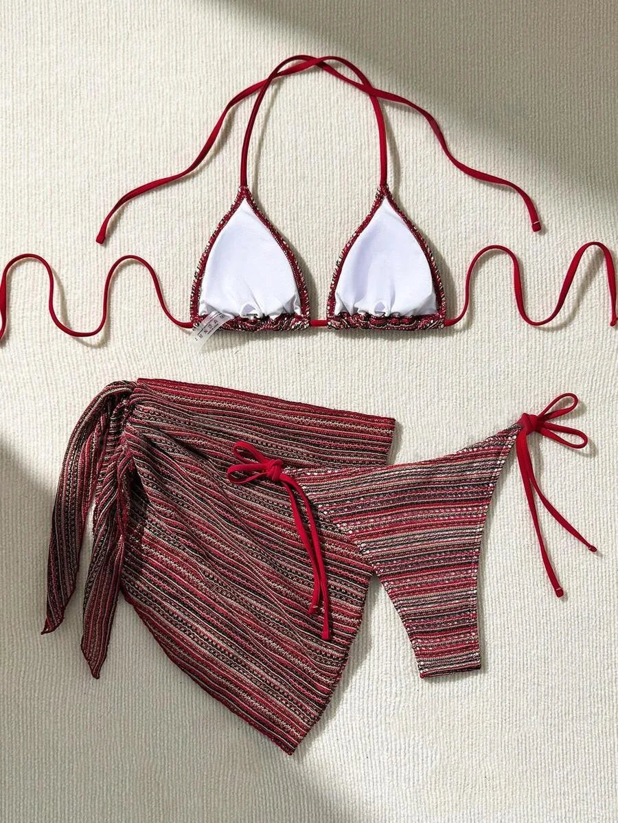 Red Striped Bikini Set