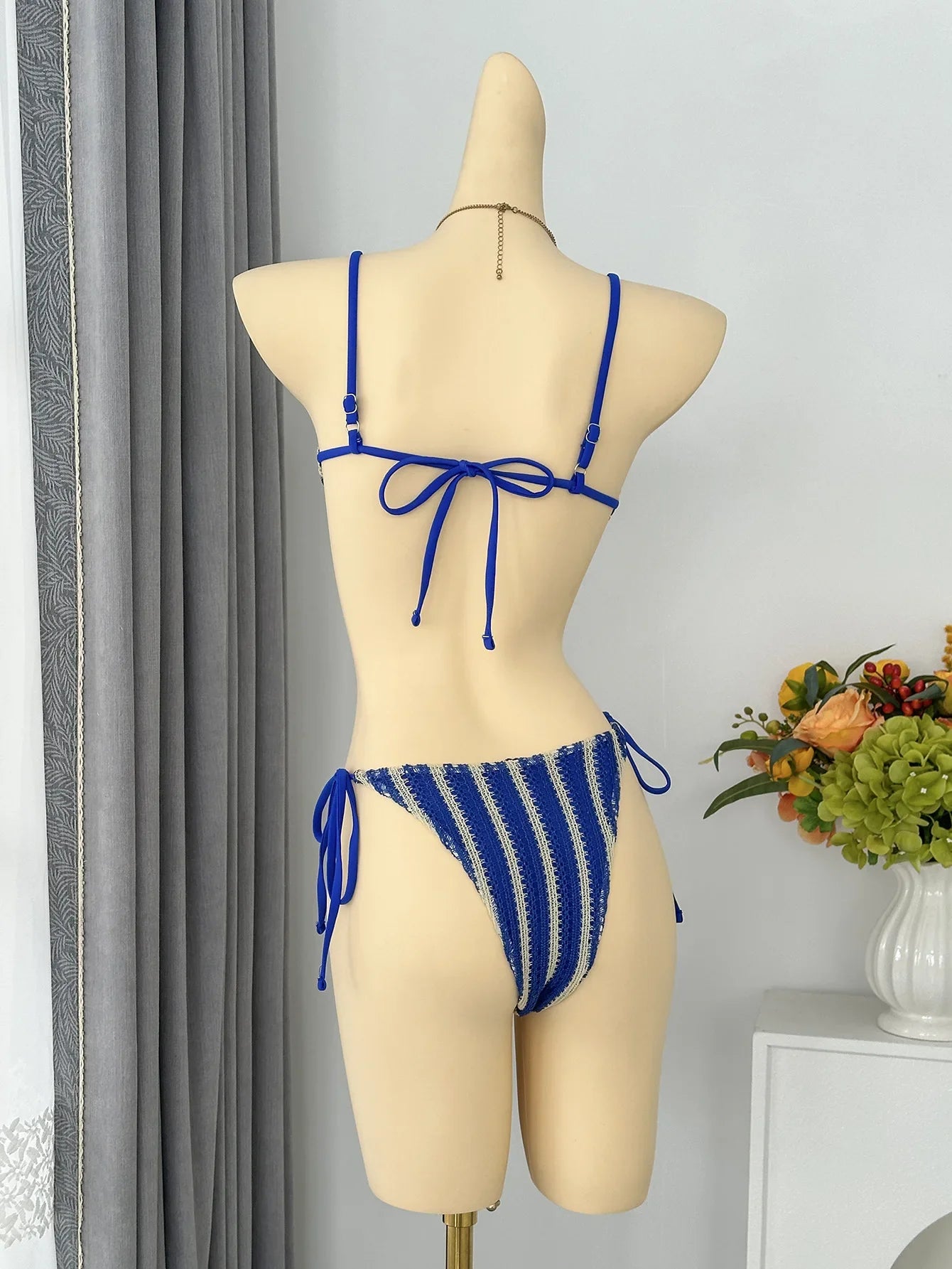 Red Striped Micro Bikini Metal Starfish Pleate Push Up Bra Tie Side Thong Swimsuit Beach Bathing Suit Swimwear