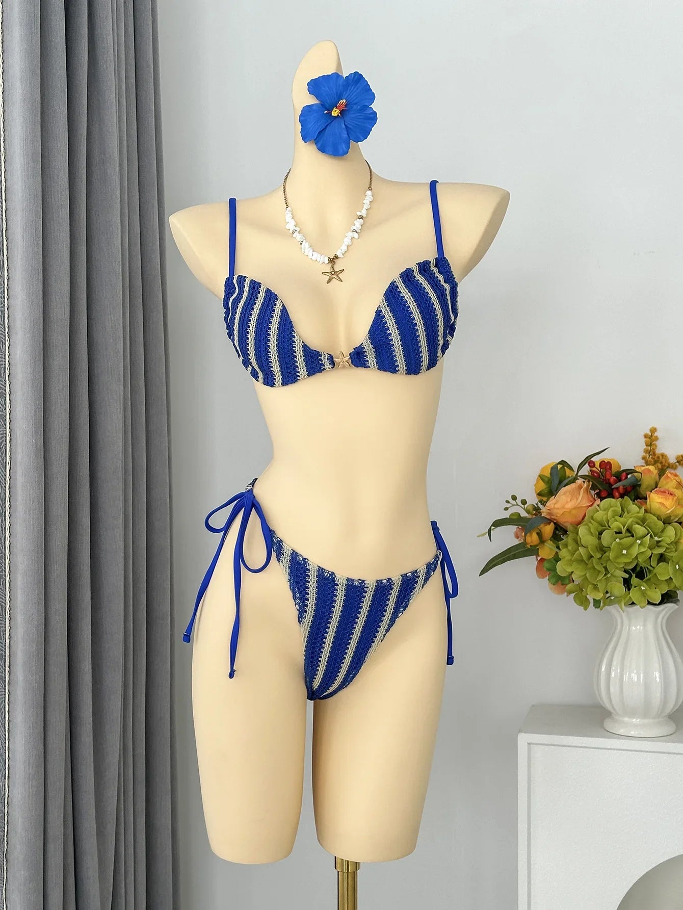 Red Striped Micro Bikini Metal Starfish Pleate Push Up Bra Tie Side Thong Swimsuit Beach Bathing Suit Swimwear