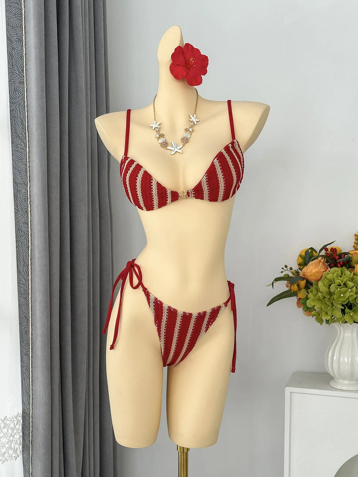 Red Striped Micro Bikini Metal Starfish Pleate Push Up Bra Tie Side Thong Swimsuit Beach Bathing Suit Swimwear
