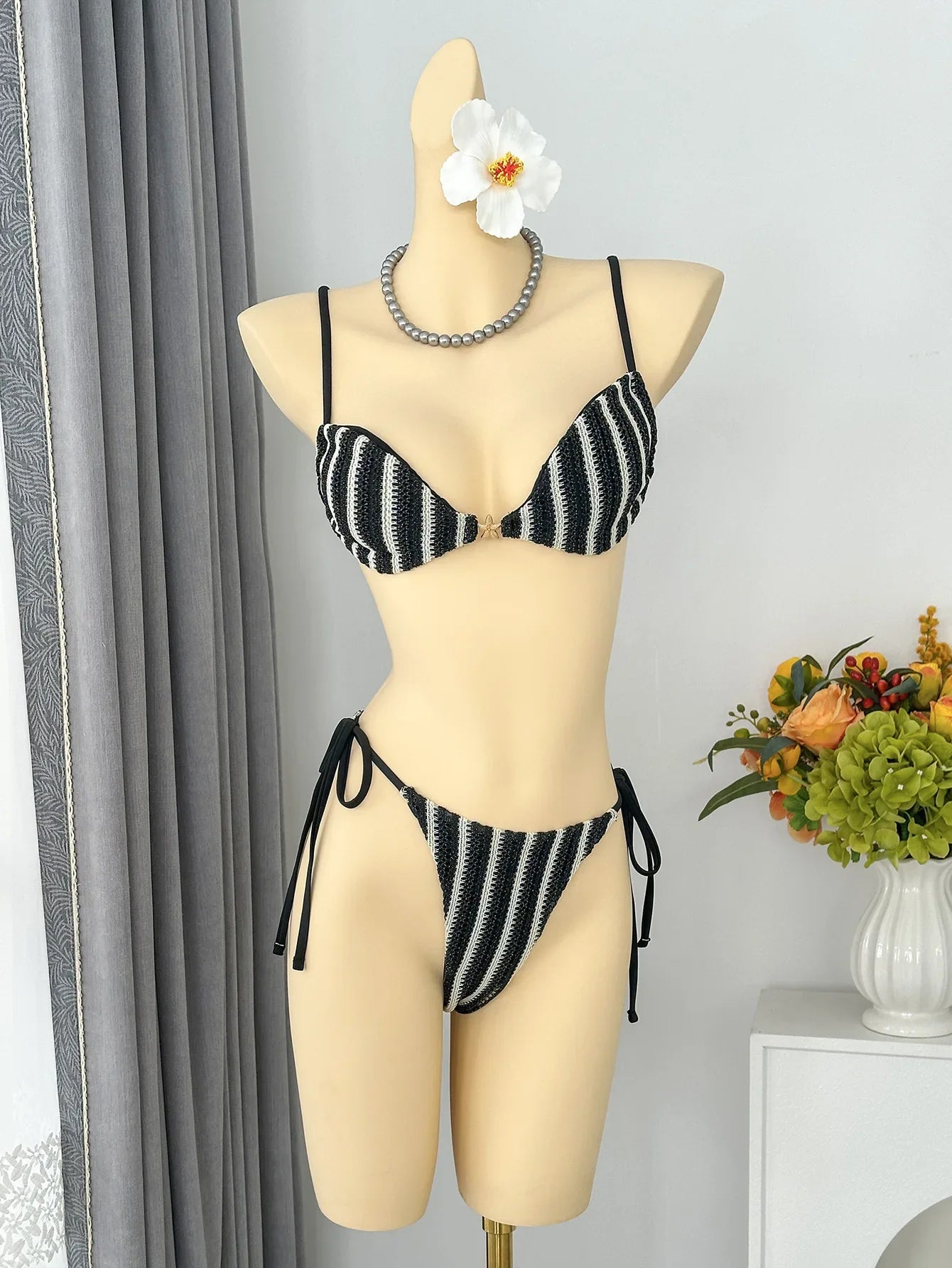 Red Striped Micro Bikini Metal Starfish Pleate Push Up Bra Tie Side Thong Swimsuit Beach Bathing Suit Swimwear