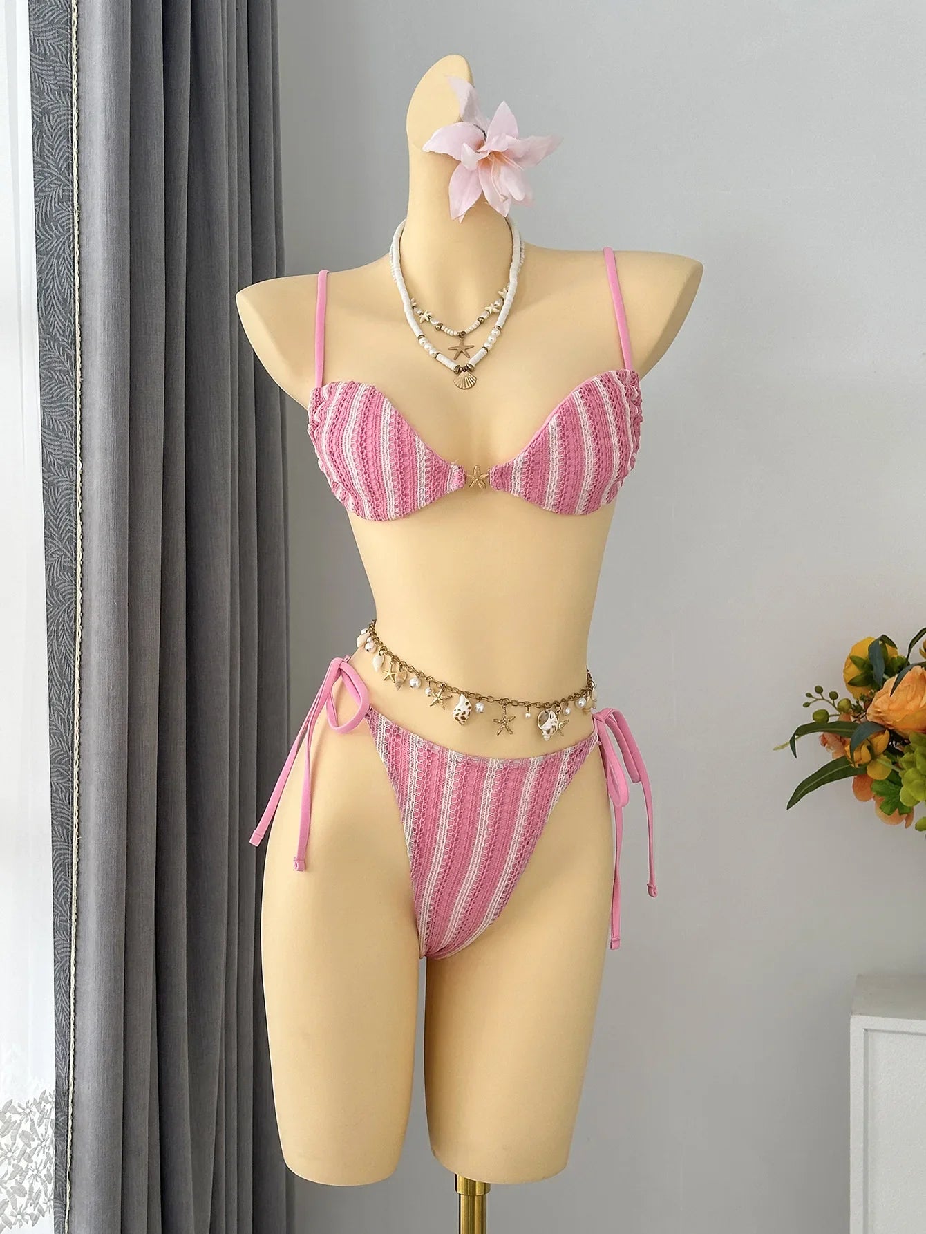 Red Striped Micro Bikini Metal Starfish Pleate Push Up Bra Tie Side Thong Swimsuit Beach Bathing Suit Swimwear