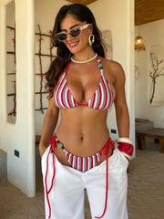 Red Striped Micro Bikini Ribbed Stone Strap Push Up Bra Thong Swimsuit Bathing Suit Vacation Swimwear 2026